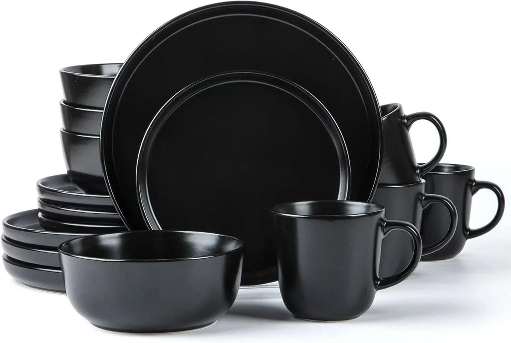 Round Stoneware 16pc Dinnerware Set of 4, Plates, Bowls, Mugs,Matte Black