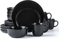 Round Stoneware 16pc Dinnerware Set of 4, Plates, Bowls, Mugs,Matte Black