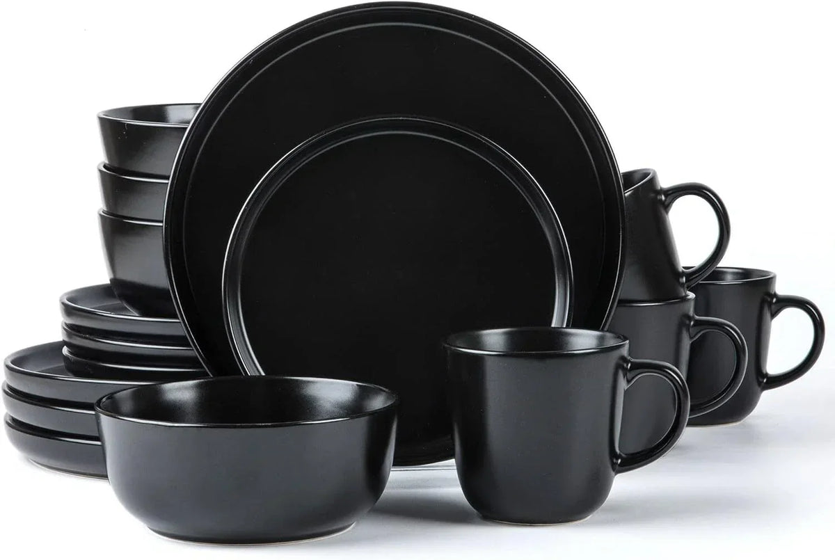 Round Stoneware 16pc Dinnerware Set of 4, Plates, Bowls, Mugs,Matte Black