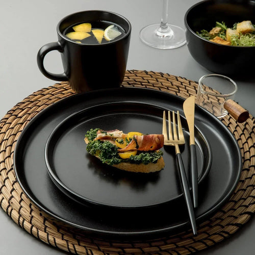 Round Stoneware 16pc Dinnerware Set of 4, Plates, Bowls, Mugs,Matte Black